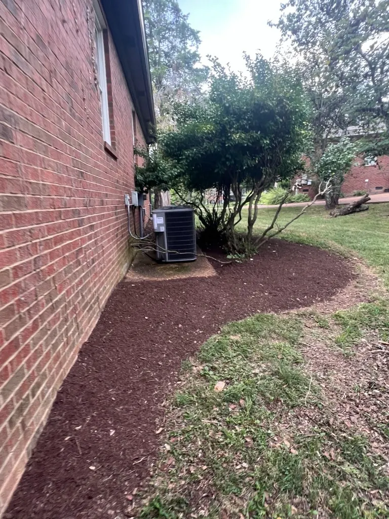 Reshaped side-yard landscape bed with brown mulch after cleanup in Brentwood