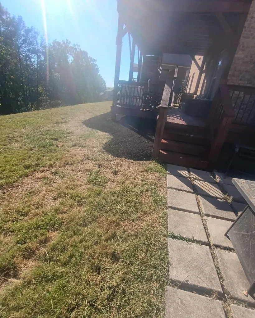 Same landscape bed beside the deck after edging and fresh black mulch in College Grove, Tennessee