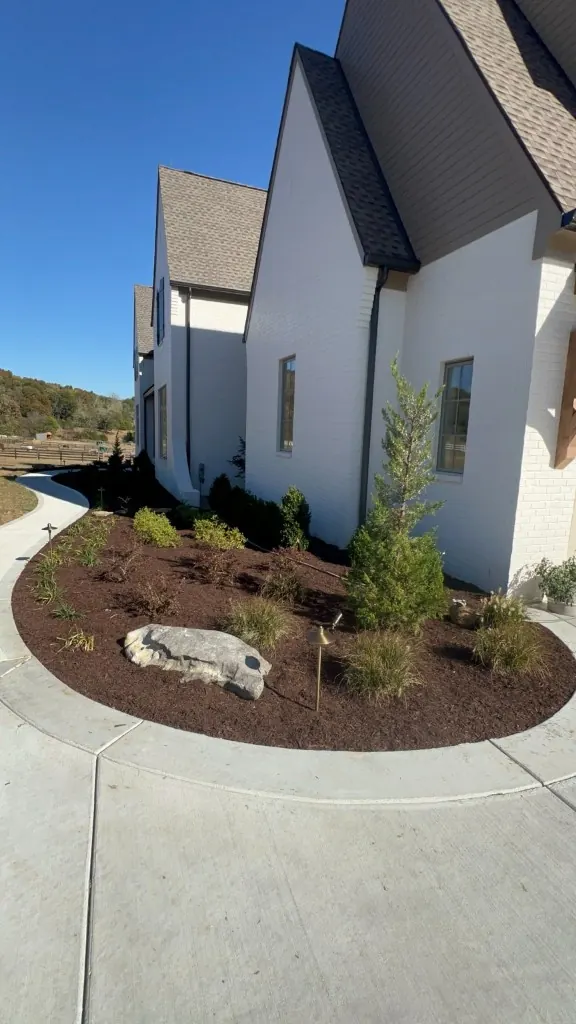 Front landscape bed with fresh brown mulch and a landscape boulder beside a College Grove, Tennessee home