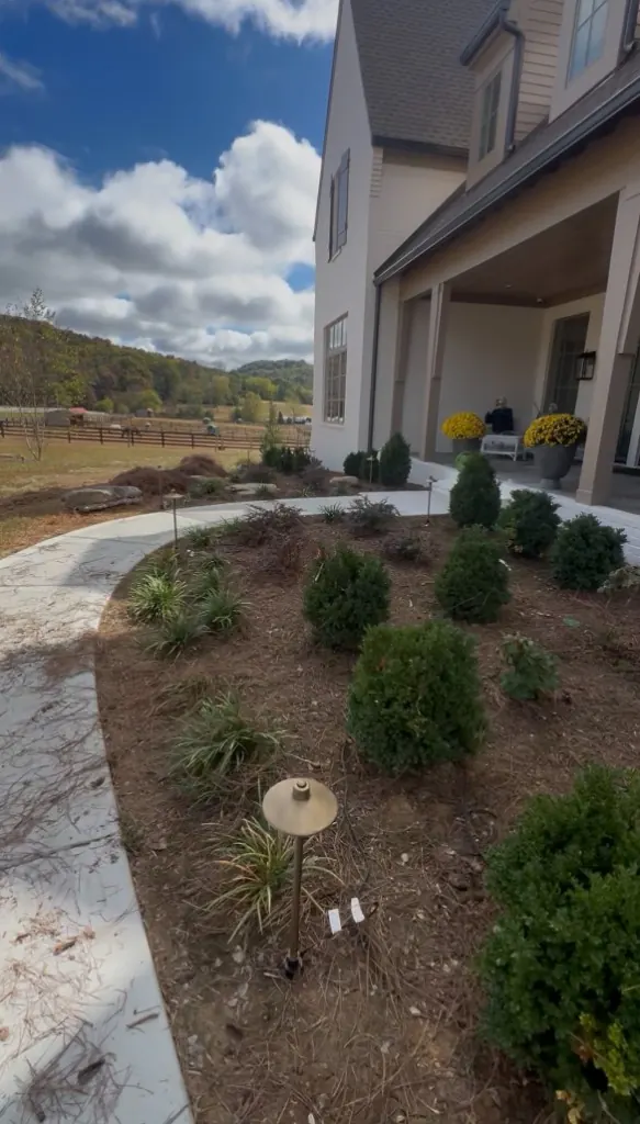 Front entrance landscape bed with existing pine straw before cleanup in College Grove, Tennessee