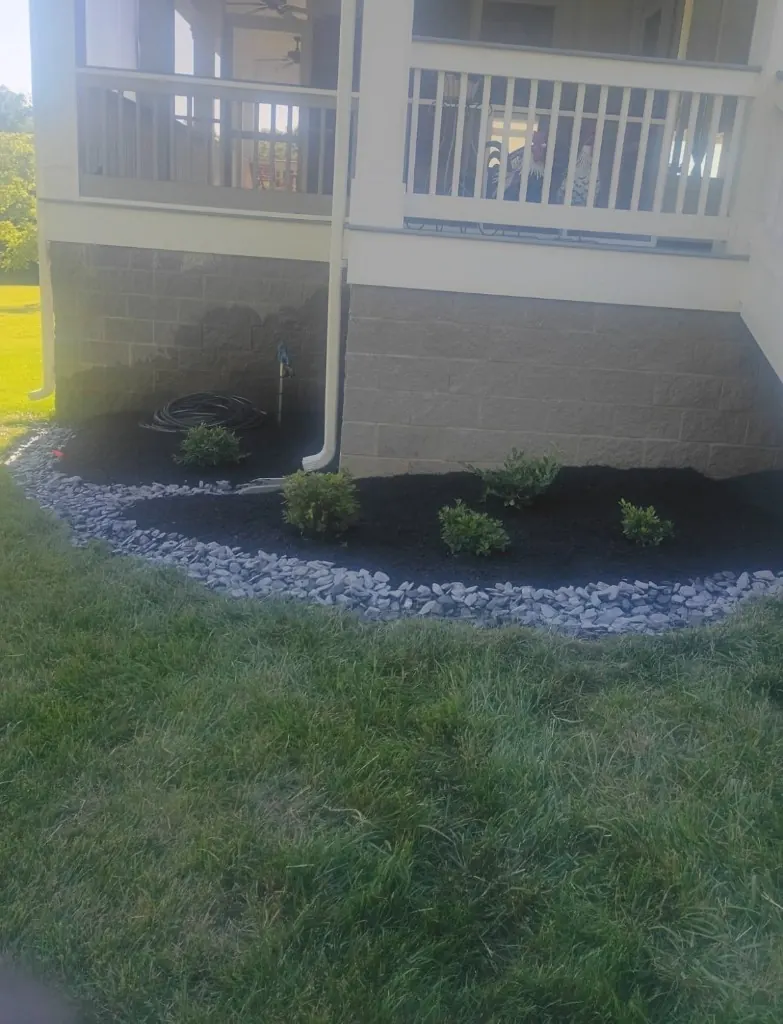 Finished landscape bed with black mulch, new plants and decorative rock in College Grove, Tennessee