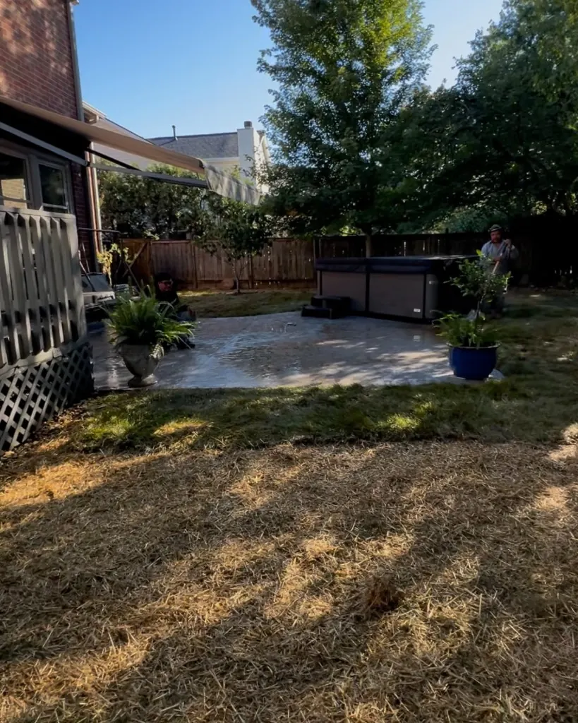 After lawn restoration showing fresh sod and straw-covered seeded areas around a Franklin patio