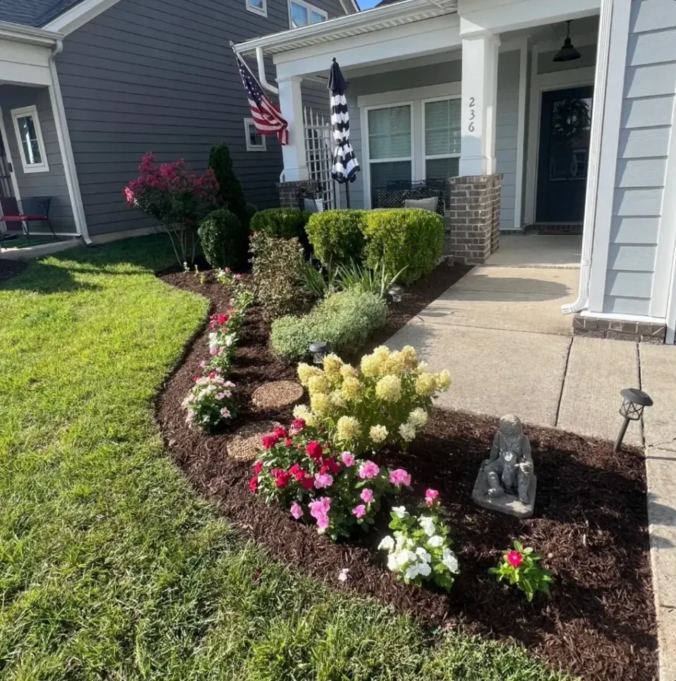 Front landscape bed finished with fresh dark mulch in Spring Hill, Tennessee