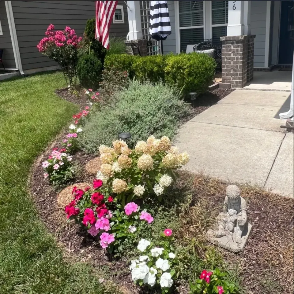 Front landscape bed before mulch refresh in Spring Hill, Tennessee