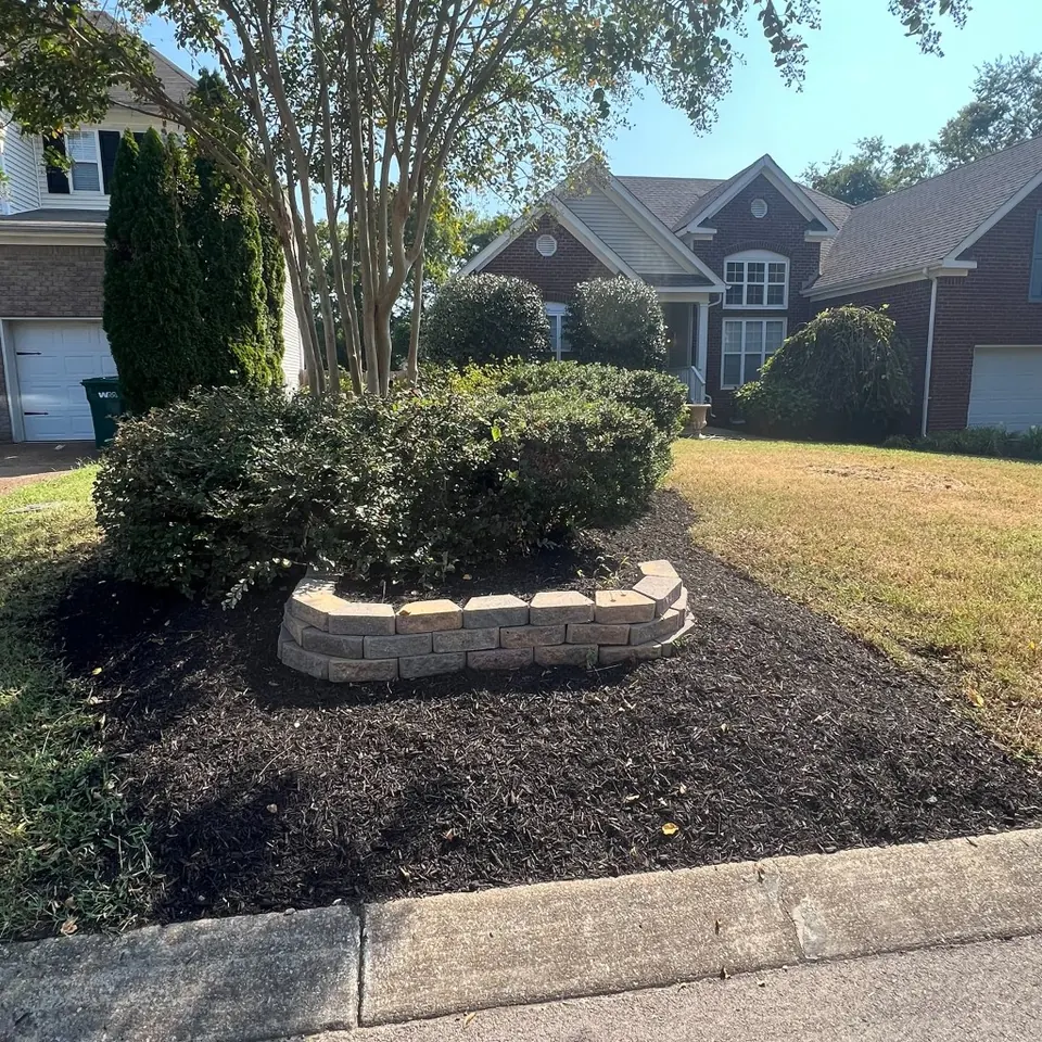 Cleaned landscape bed with fresh black mulch around existing retaining blocks in Thompson's Station, Tennessee